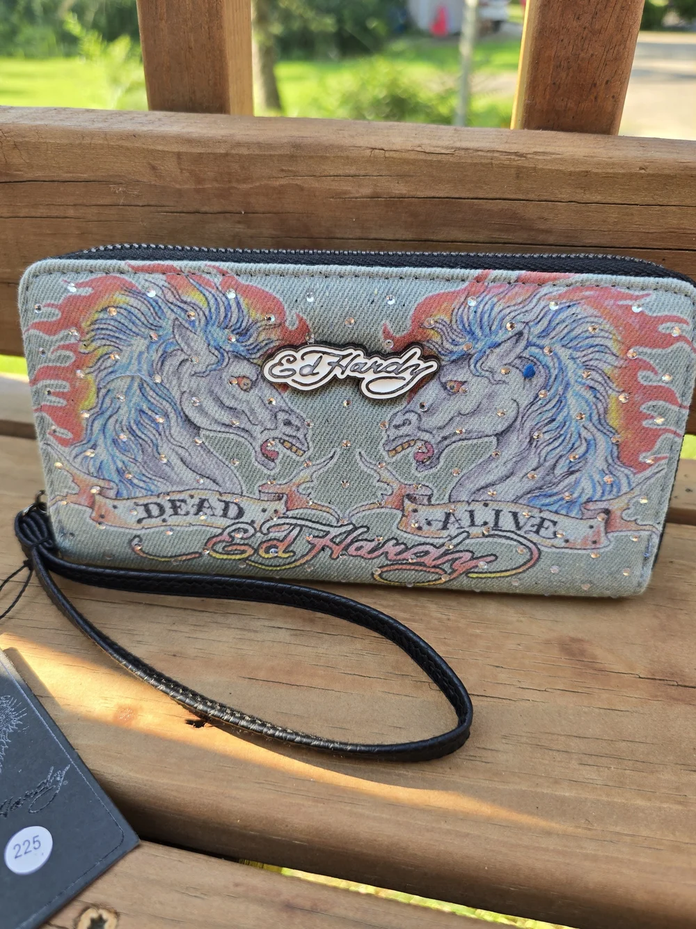 Ed Hardy Zip-Around Wristlet Wallet in Light Blue with Multi-Color Design